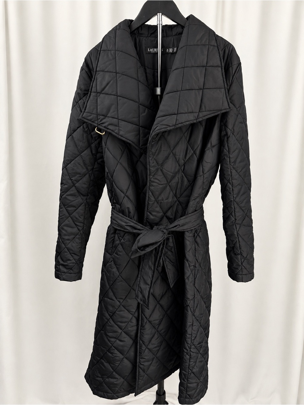 Lauren Ralph Lauren Diamond Quilted Maxi Wrap Coat Black XL Belted - Picture 4 of 11